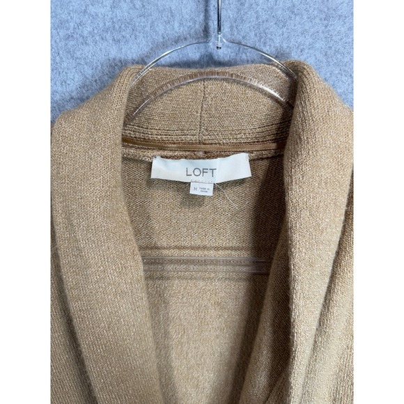 LOFT Cardigan Sweater‎ Womens Medium Tan White Stripe Open Front Pockets Casual - Picture 2 of 10